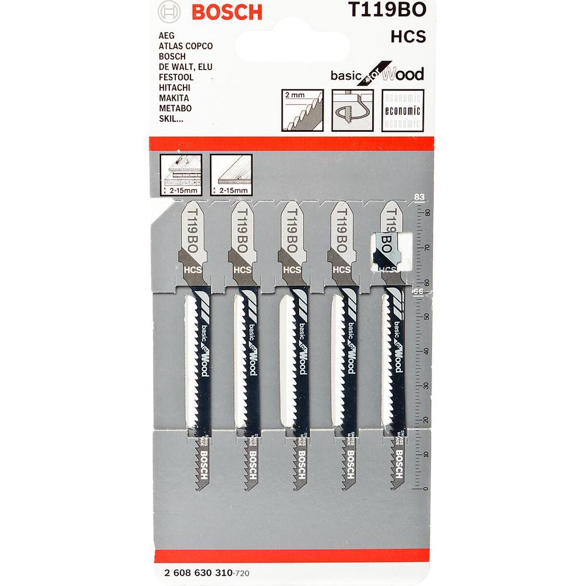 Набор пилок для лобзика по дереву Bosch T119BO 83мм 5шт (310) — Фото 1